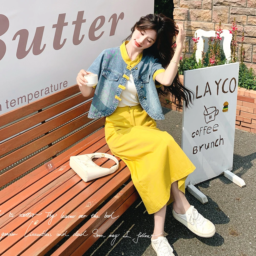 港风复古牛仔套装女夏季2025新款减龄洋气时尚高级感半身裙两件套