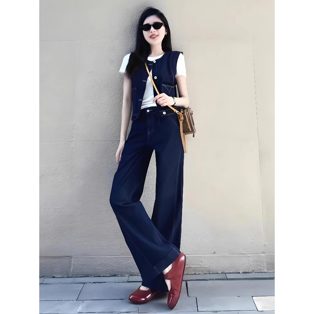 初夏穿搭一整套干练气质轻奢高级感大方得体蓝色牛仔马甲套装裤女