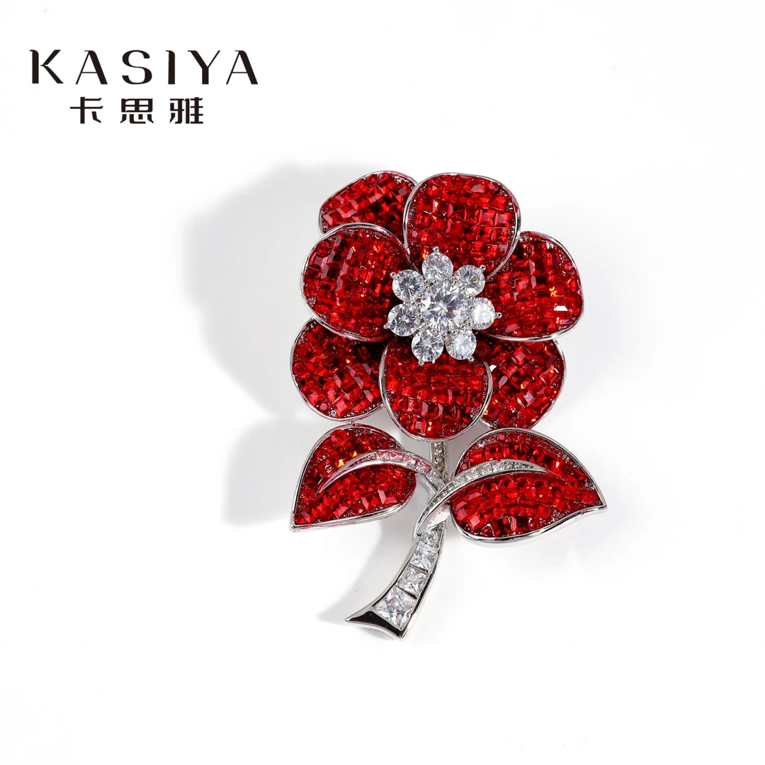 kasiya/卡思雅 铜合金仿水晶胸针 大红色花朵胸针送礼胸花