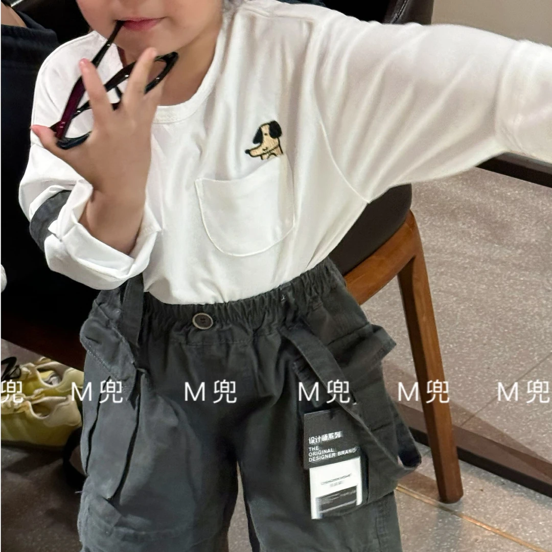 25年新款春季小狗刺绣男女同款儿童白色设计打底