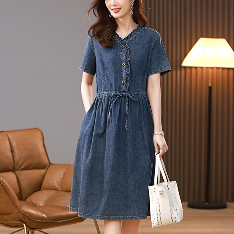 短袖牛仔连衣裙收腰女夏季新款2025中年妈妈洋气薄牛仔裙夏装裙子