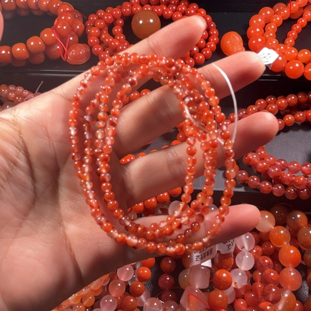南红玛瑙未镶嵌手链3.5mm绕手四圈冰飘红手链
