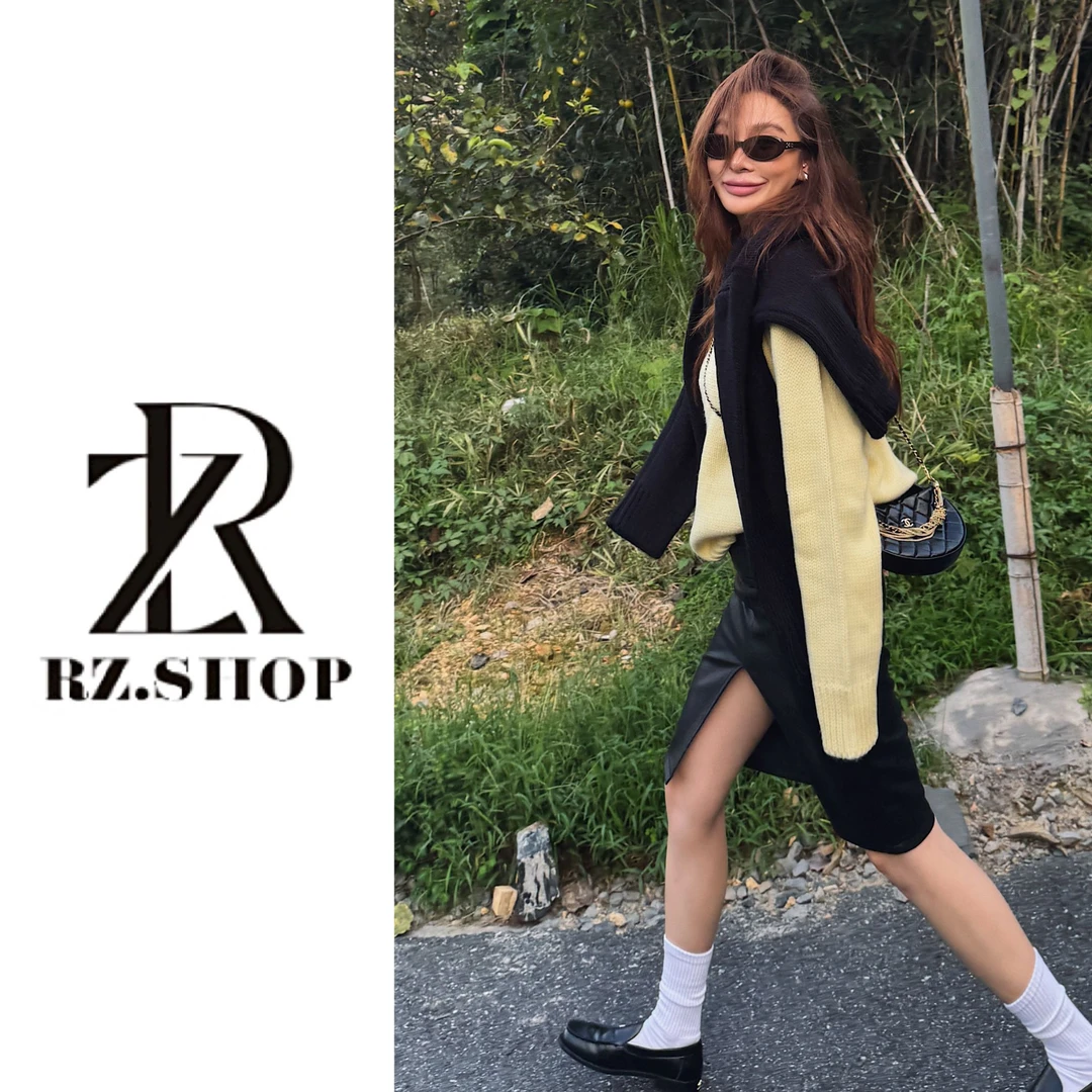 RZ定制款黑色秋季开衩百搭皮裙