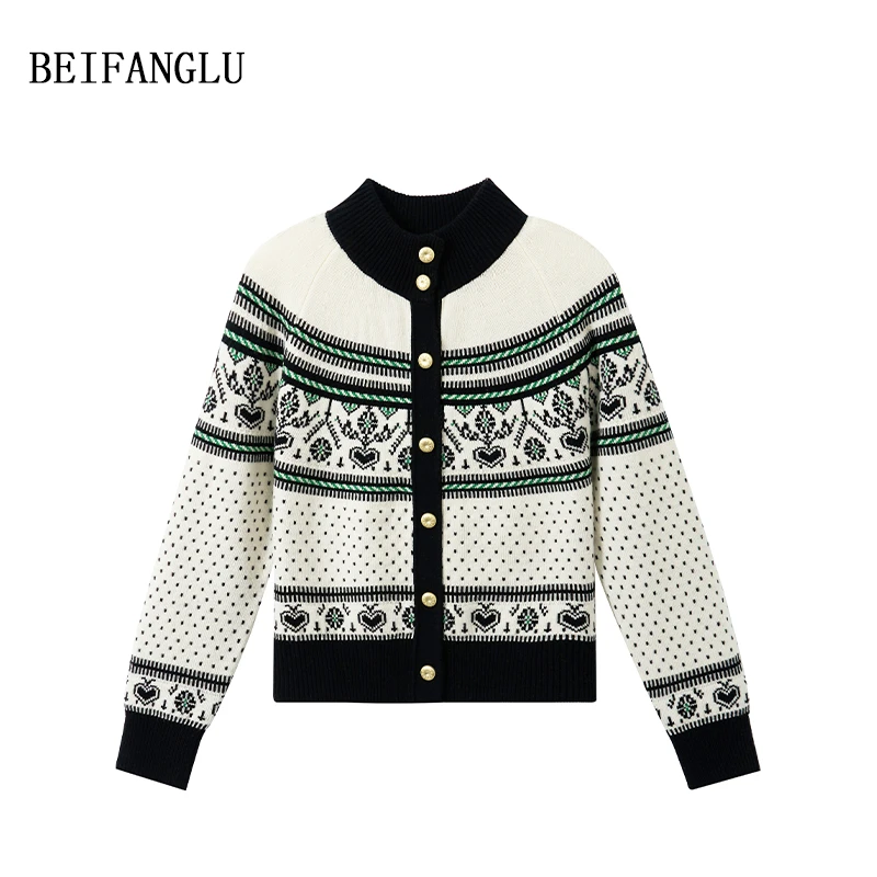 北方鹿【费尔岛提花开衫】100绵羊毛撞色波点立领针织外套女251321