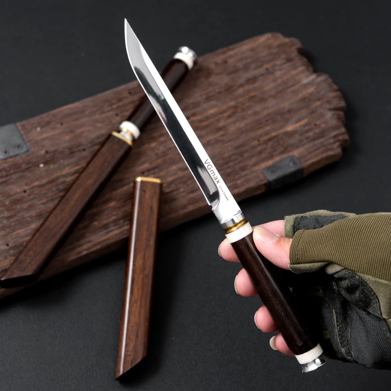 （战野）VGMax特制钢高硬度一体精美黑檀木鞘多功能户外野营水果刀