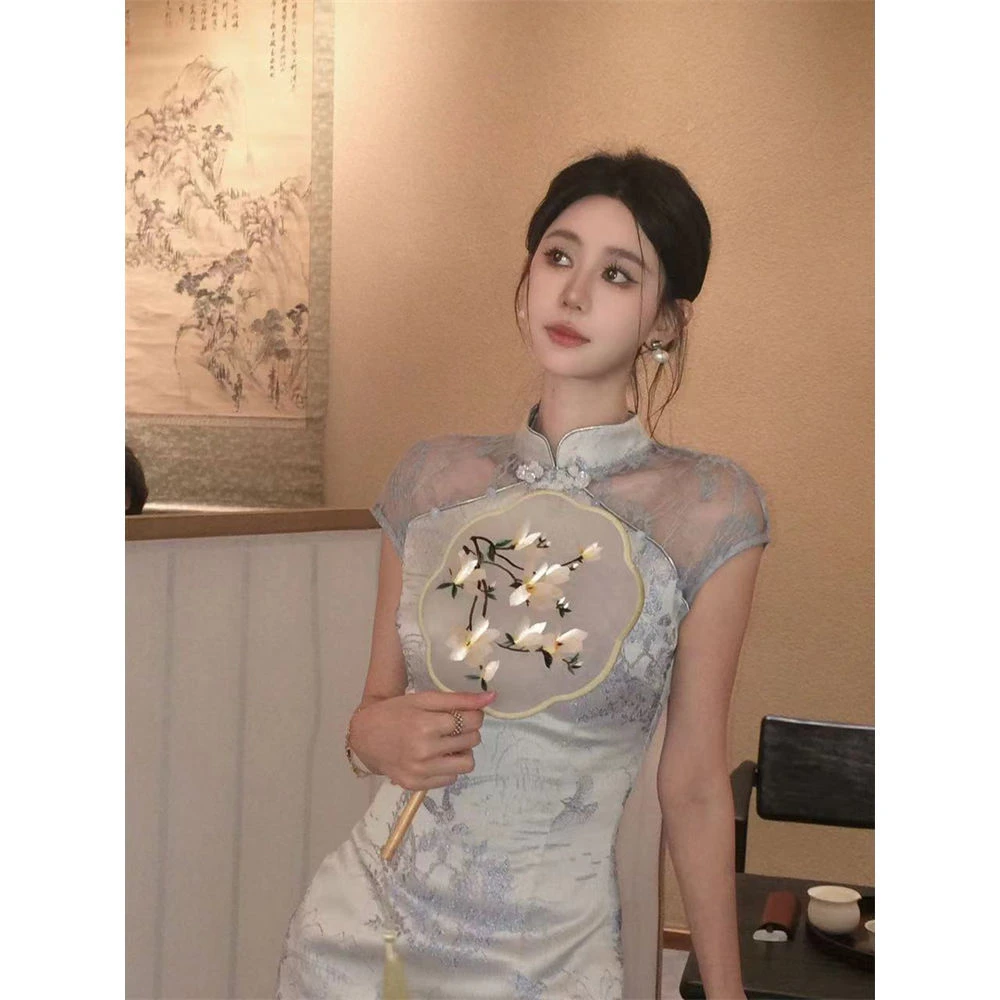 新中式高级纯连衣裙蕾丝拼接显瘦修身欲国风气质名媛设计轻奢旗袍