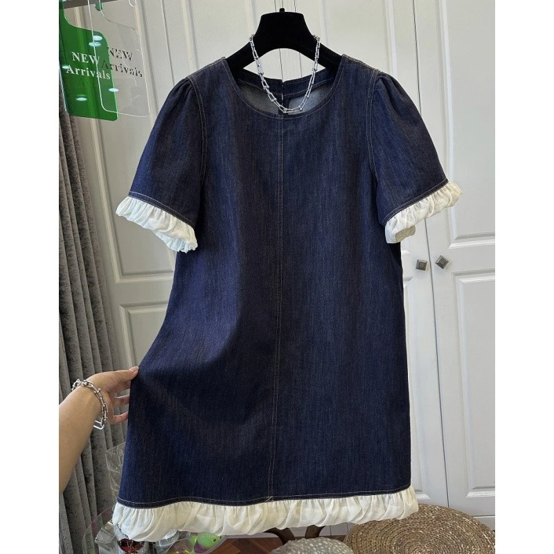 6688欧洲站网纱木耳边拼接短袖牛仔连衣裙女中长裙宽松撞色夏季