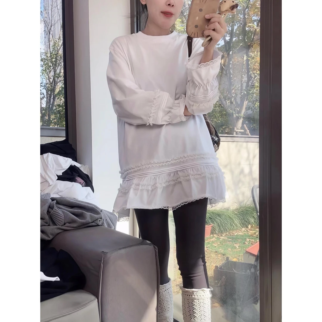 【花边裙】磨毛蕾丝拼接中长款T恤2025秋冬新款宽松百搭显瘦打底衫