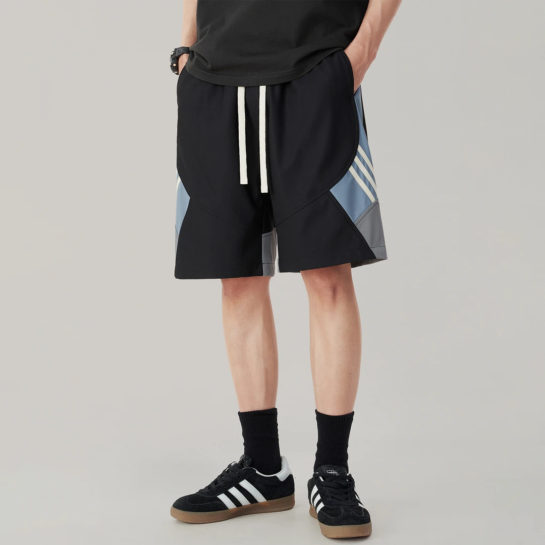 美式潮牌夏季薄款运动休闲短裤男宽松直筒速干撞色三条杠五分裤子