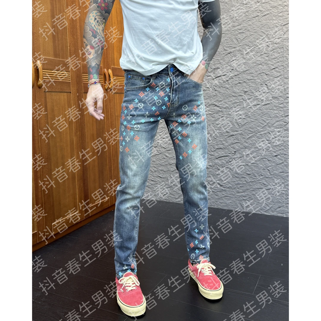 2025秋冬新品时尚休闲百搭修身印花男士牛仔裤6062