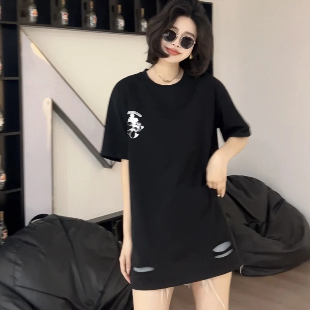 短袖欧美简约T恤半袖韩版黑色开叉时尚宽松春夏显瘦