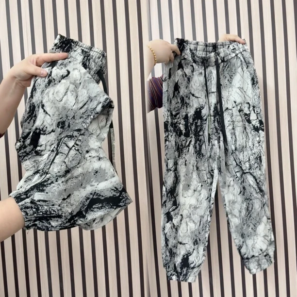 休闲裤女夏季薄款宽松水墨画宽松冰丝沙抖抖裤哈鲁束脚灯笼裤潮裤