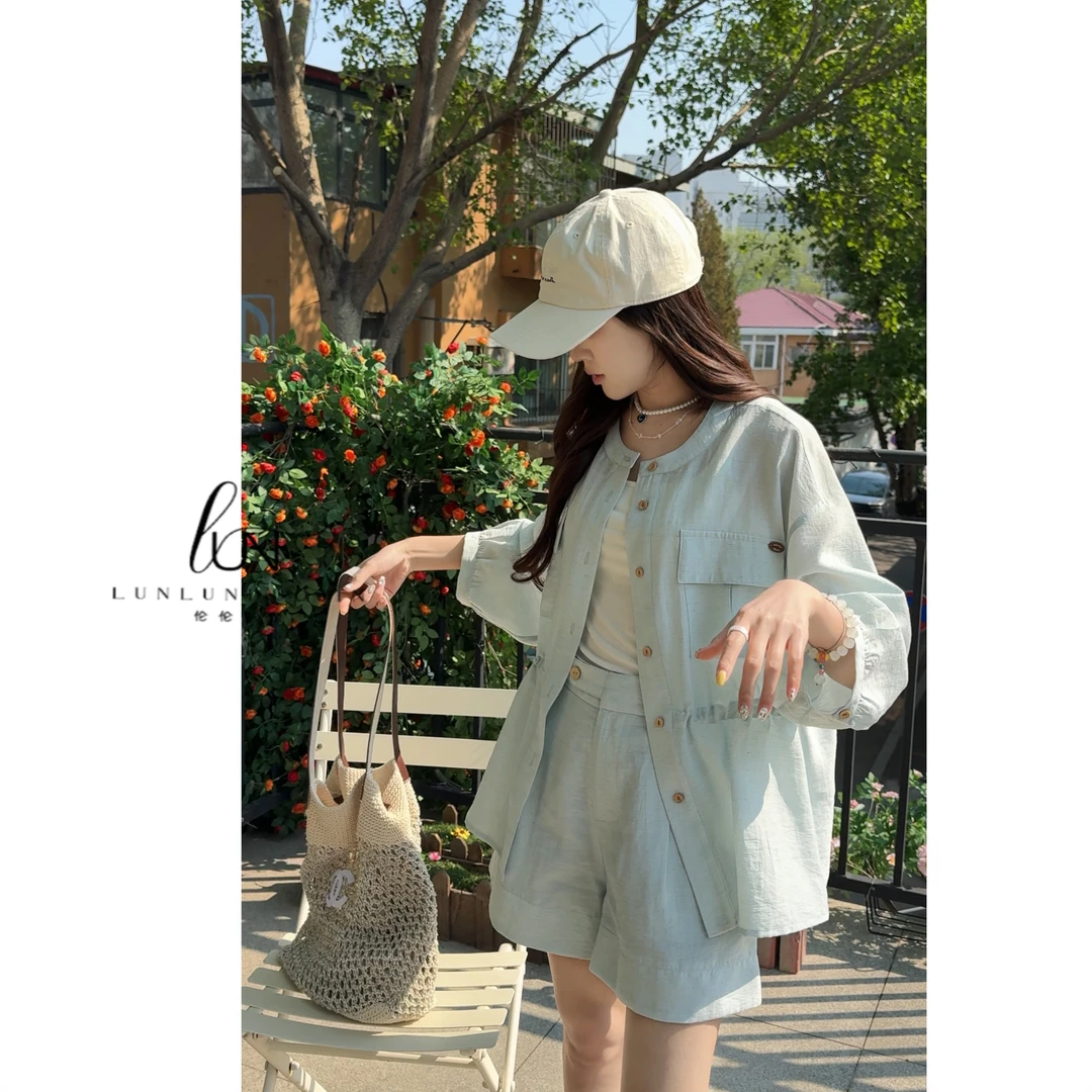 Lun/小岛微风/25夏季新款防晒显瘦宽松设计师款老钱风亚麻套装