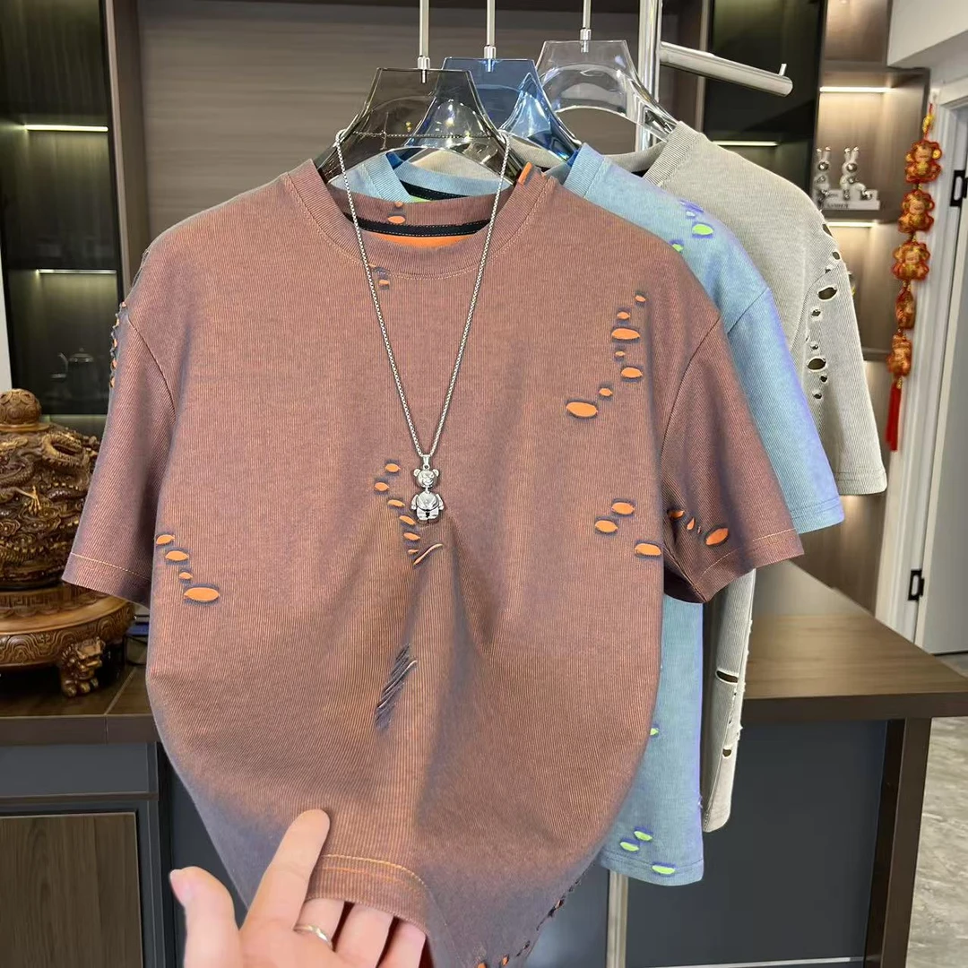 新款春季破洞短袖T恤潮流痞帅半袖宽松百搭上衣9900