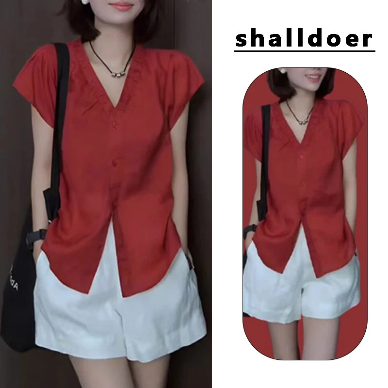 2025年夏季新款V领纽扣设计短袖衬衫女时尚百搭洋气简约潮流上衣