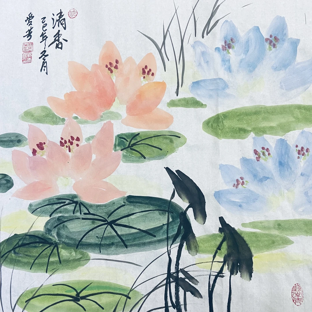 荷花国画宣纸画芯客厅书房玄关餐厅装饰挂画