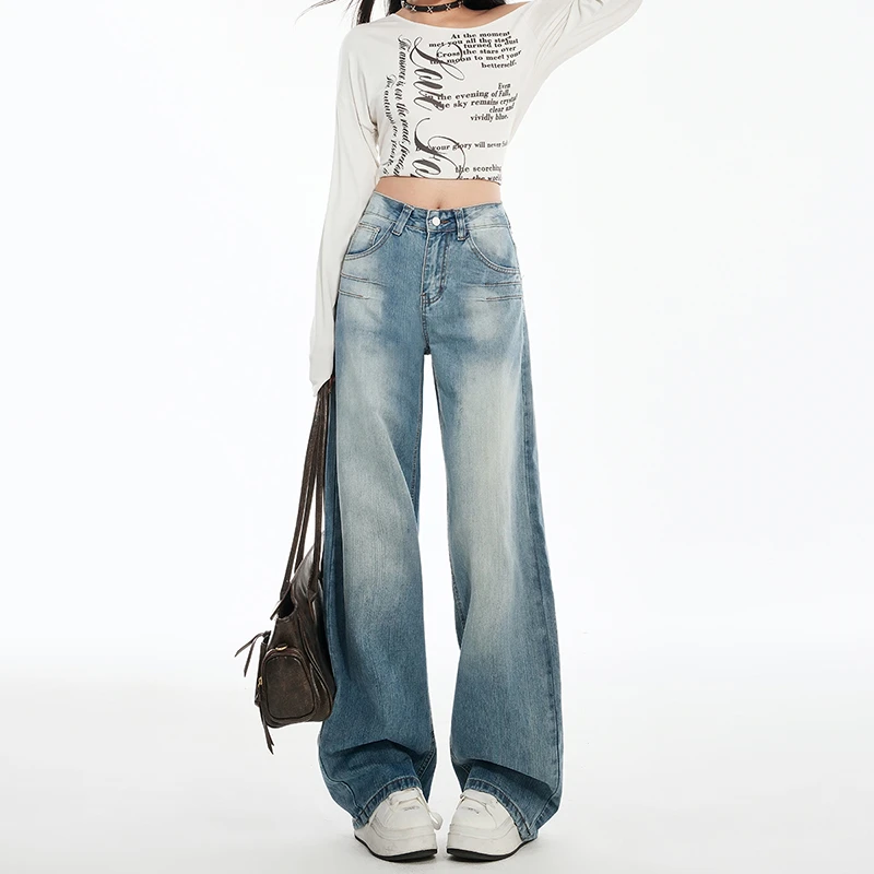 浅色设计感水洗阔腿牛仔裤女2025春季新款加绒高腰绣花垂感拖地裤