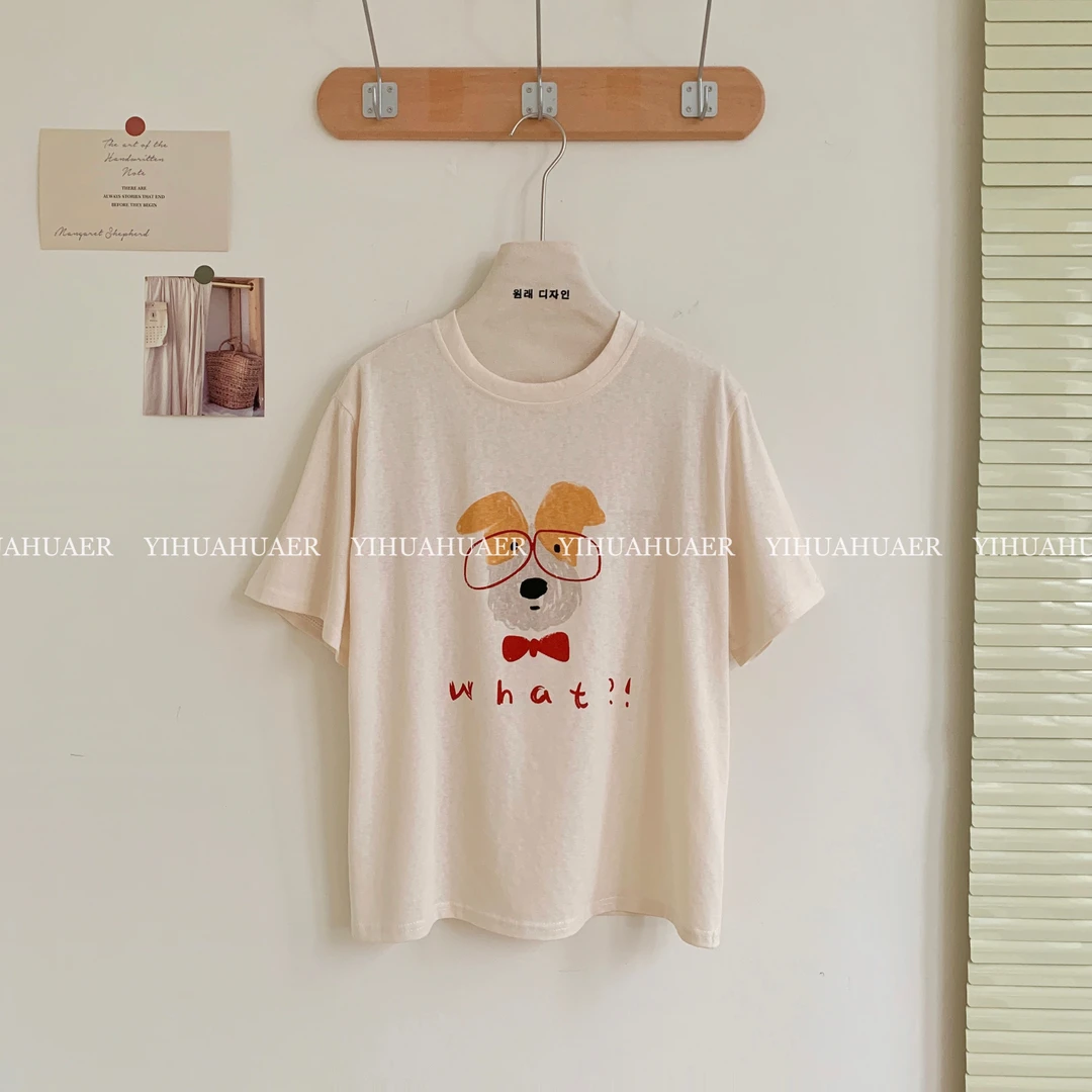 BMM-3034韩系夏款2025韩版圆领眼镜小狗百搭短袖T恤