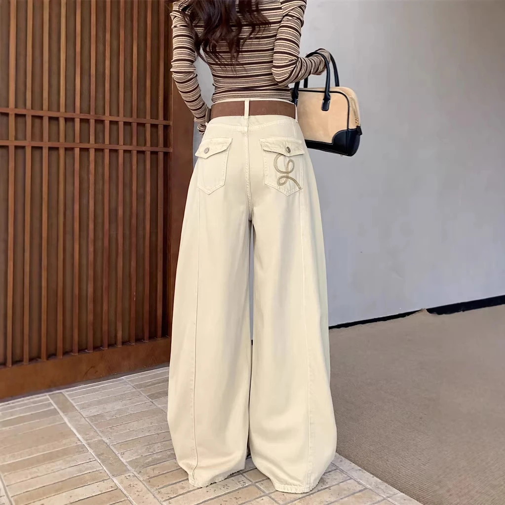 实拍春季新款美式口袋刺绣阔腿牛仔裤女高腰显瘦设计直筒拖地长裤