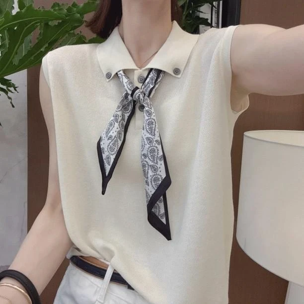 大码女装2025夏季新款爆款丝带翻领无袖女士风显瘦短袖上衣50080