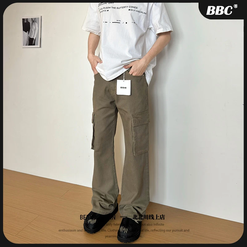 BBC【复古口袋工装裤】秋冬季复古微喇工装裤男女多口袋美式牛仔