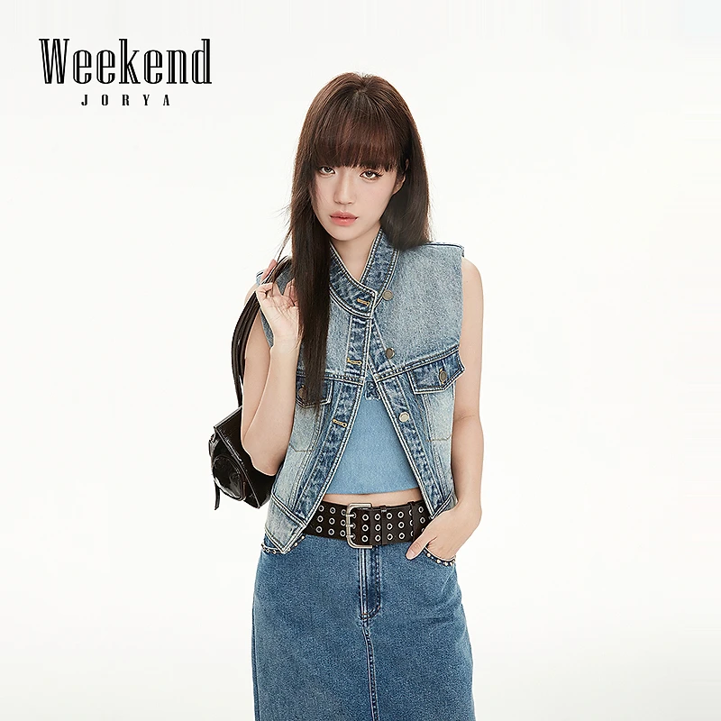 卓雅周末25春季新款时尚立领斜门襟百搭微垫肩牛仔马甲R200807C