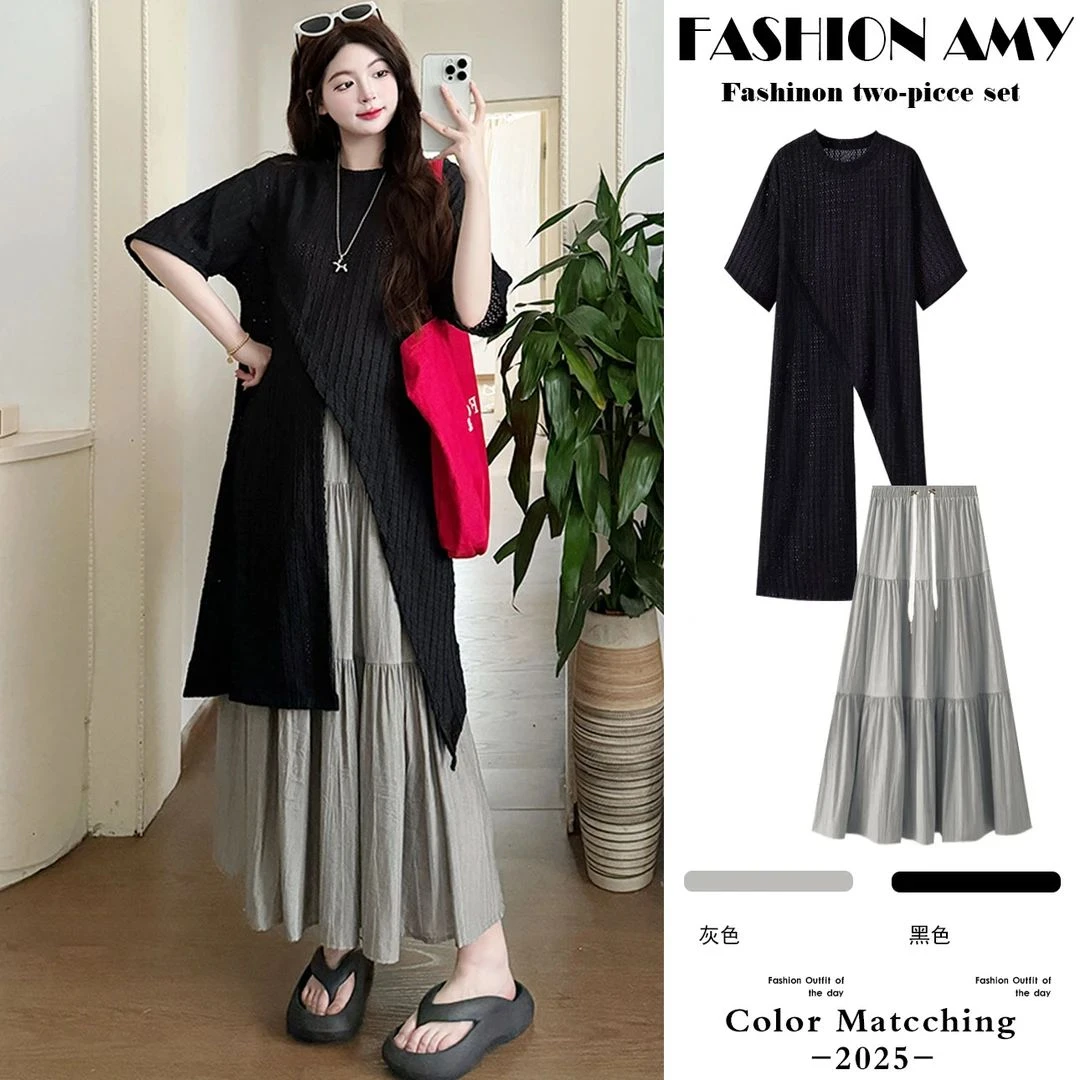 孕妇套装夏装时尚韩版气质设计感显瘦不规则开叉罩衫休闲半身裙子