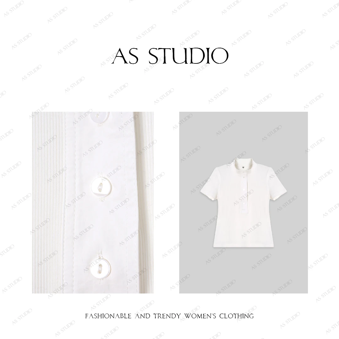 【AS小白】25新半开扣立领修身百搭显瘦短袖AS25XTX0014