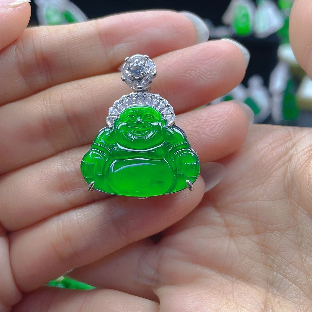 翡翠颈饰银S925镶嵌天然A货翡翠正阳佛公吊坠