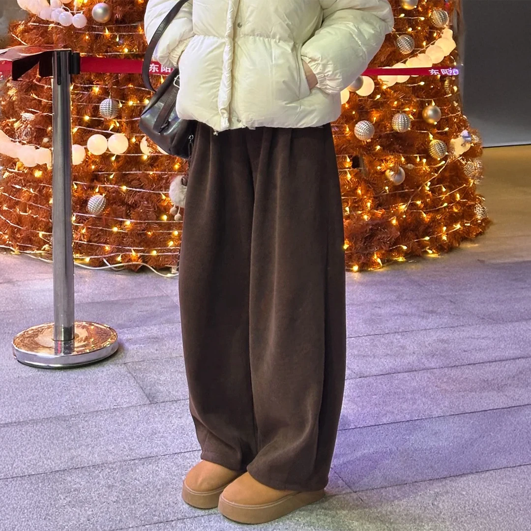 美拉德咖色灯芯绒直筒休闲裤女冬季加绒大码胖mm高腰显瘦阔腿裤子
