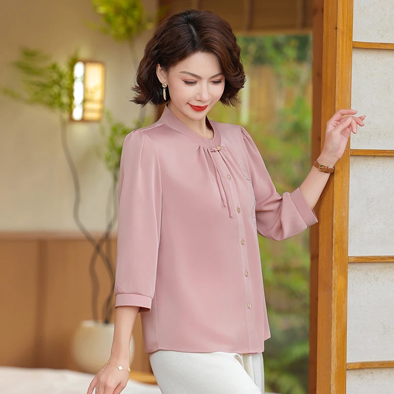 妈妈夏季新中式桑蚕丝七分袖衬衫国风高贵中老年宽松大码真丝衬衣