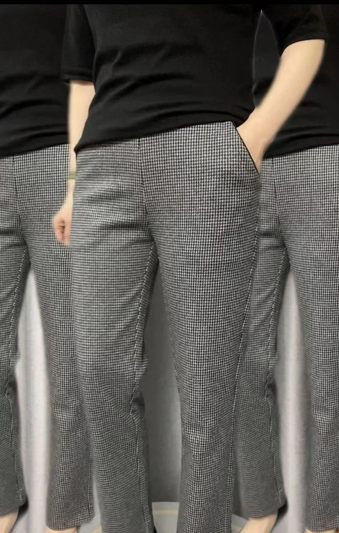 2025秋冬季千鸟格直筒裤时尚松紧高腰显瘦修身休闲百搭长裤-丹