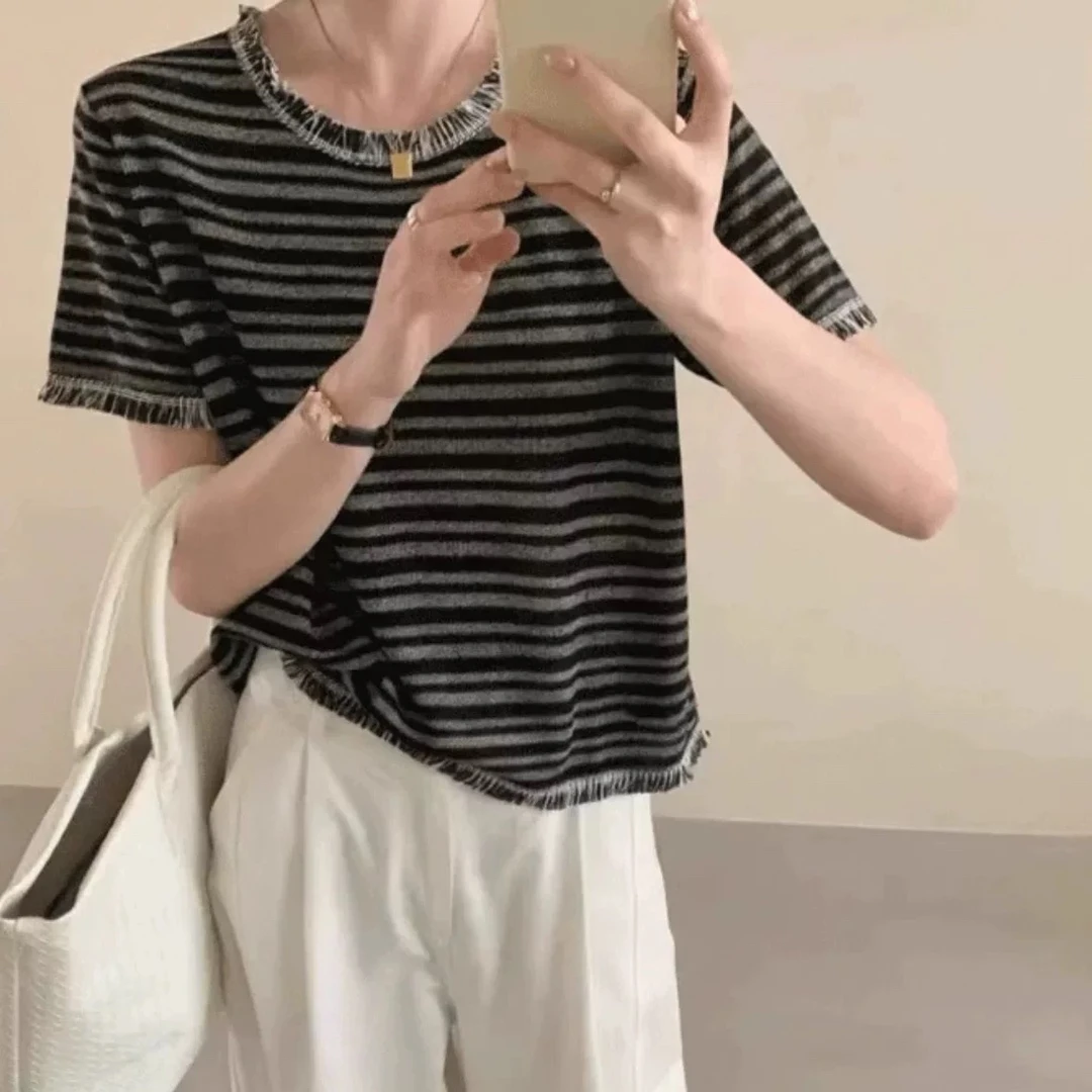 2025夏季新款时尚气质小香风条纹流苏针织女百搭薄款上衣