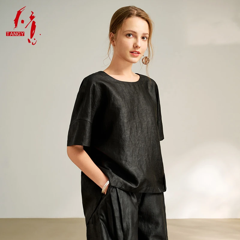 TANGY/天意2025春季新款圆领宽松发舒适莨绸女士上衣T 恤2251032