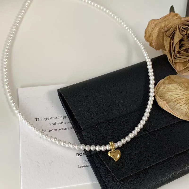 钛钢玻璃项链 可拆卸两用高保色小米珠法式复古爱心气质百搭项链