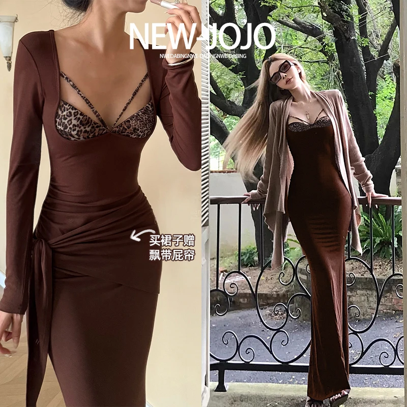 F8/L088/1009【绝色】【送运费险】纯欲性感豹纹长袖包臀鱼尾连衣裙