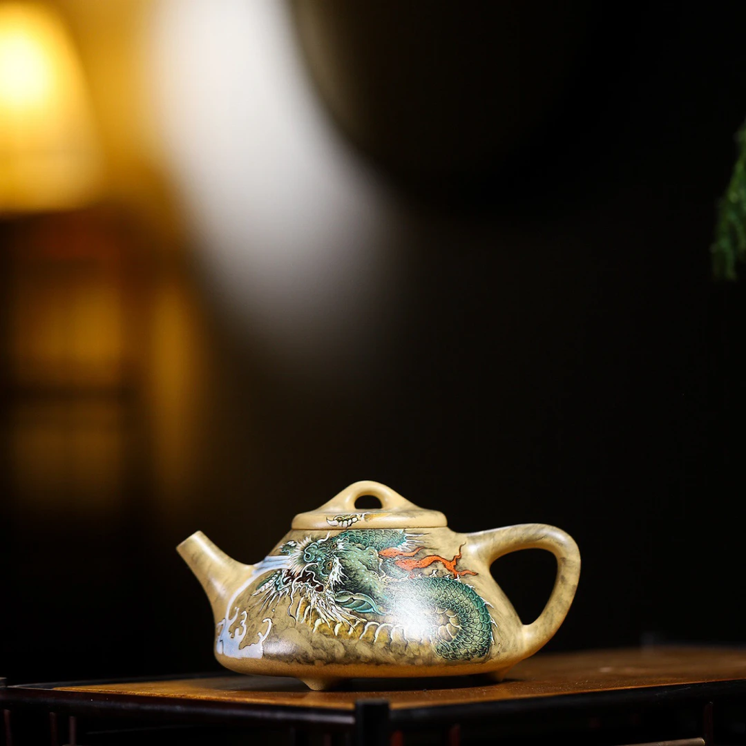 杨鹏老师全手工珐琅彩【子冶石瓢】本山绿泥，260cc