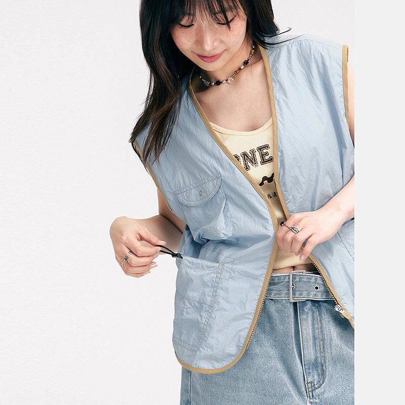 NO ONE ELSE美式复古女士抽绳口袋马甲夏季休闲宽松V领机能马夹