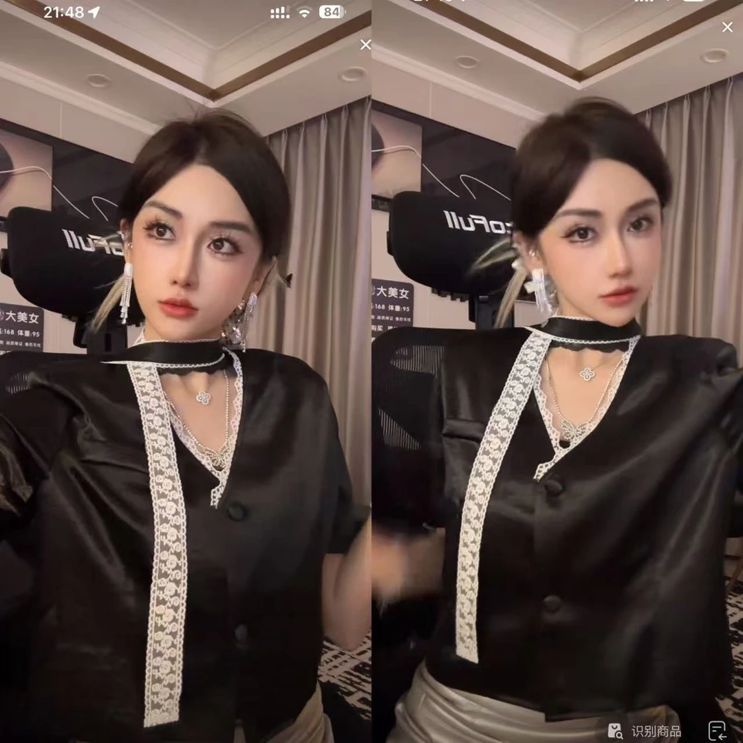 （浠儿家）缎面短款蕾丝花边拼接短外套女夏季新款系带上衣