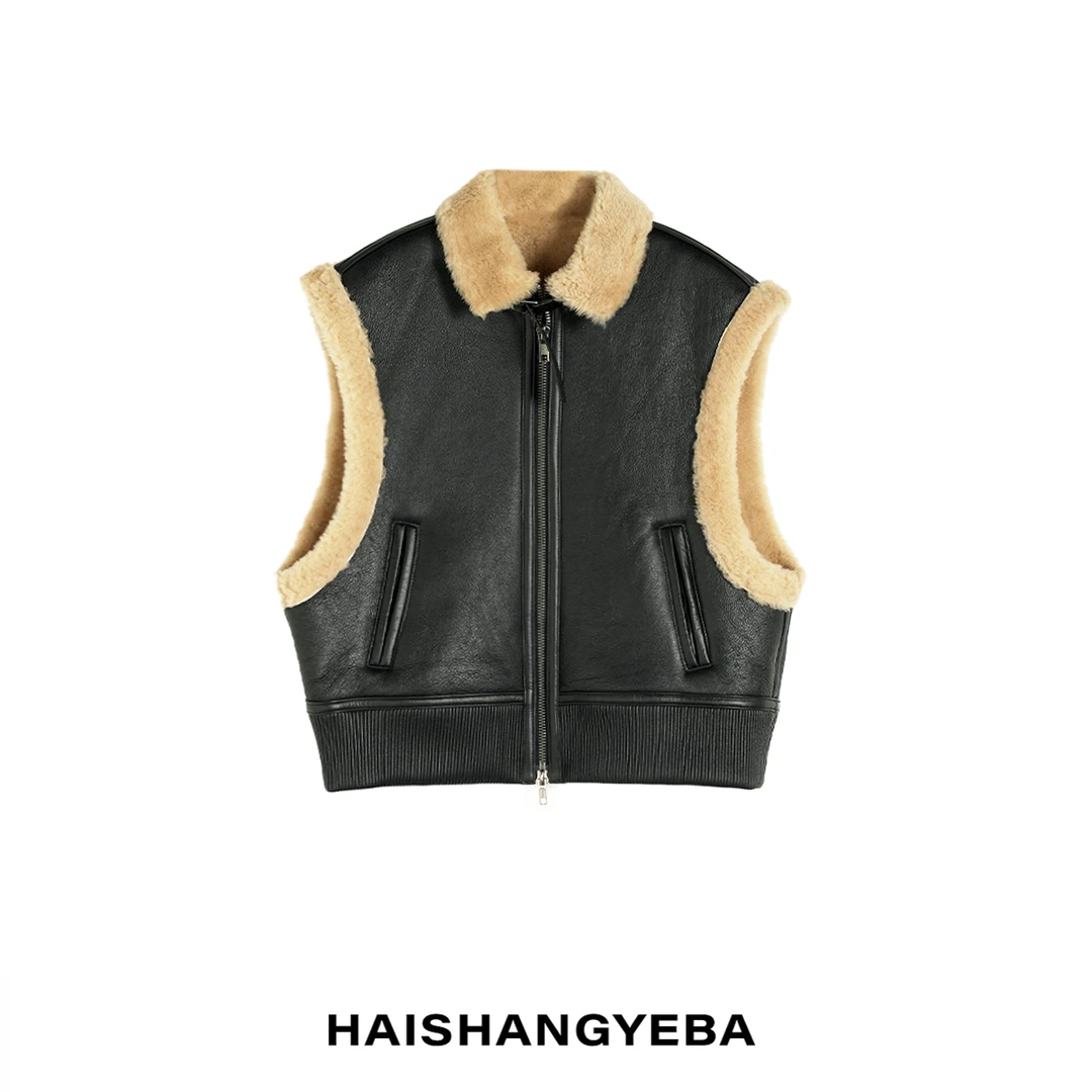 人造皮草 【海上叶爸】新款2025秋冬百搭翻领拉链皮马甲外套