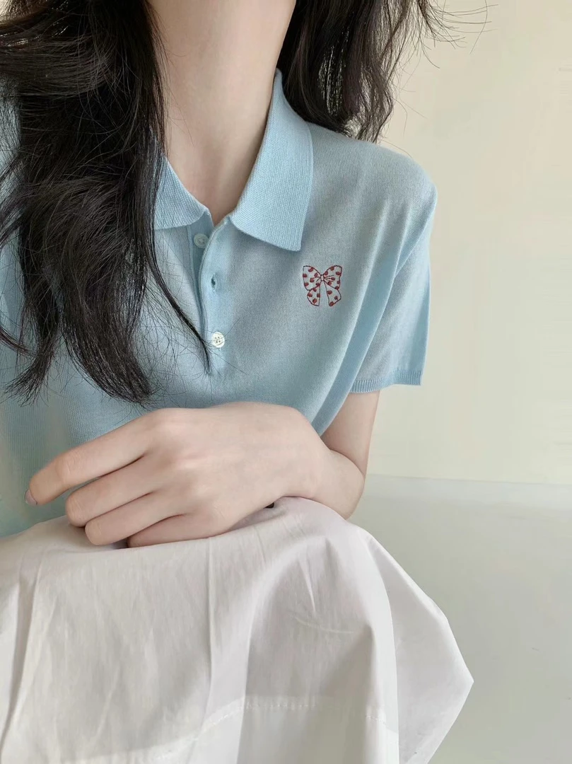 蝴蝶结短袖翻领羊毛polo上衣
