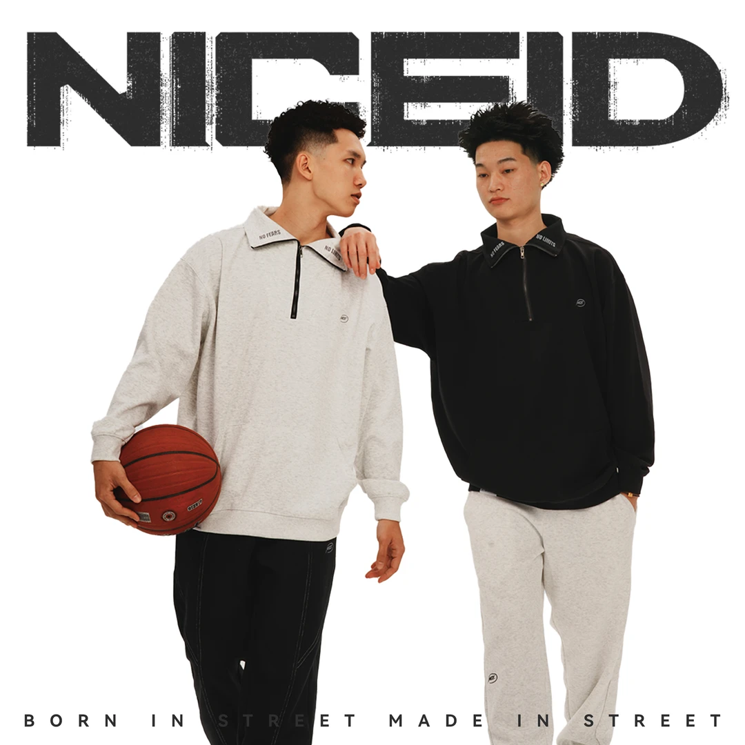 NICEID NICE简约刺绣LOGO运动立领半拉链卫衣春秋休闲宽松套头