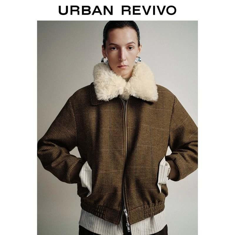 UR2025冬季新款女装琥珀流光拼接毛领拉链呢料外套UWG150134