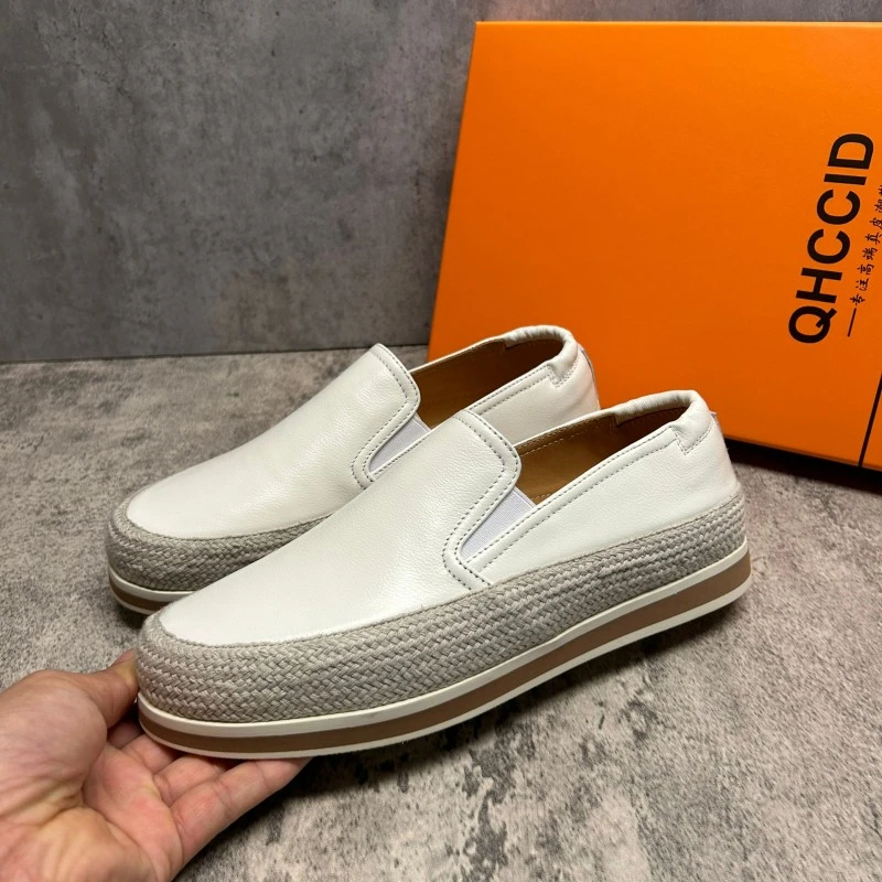 乐福鞋男2025新款真皮小白鞋男一脚蹬套脚休闲皮鞋男透气牛皮板鞋