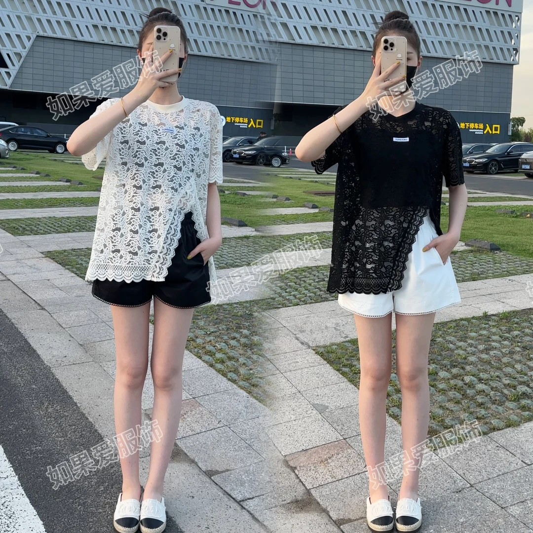 法式甜美侧开叉镂空蕾丝衫女2025夏季新款时尚千金风百搭短袖上衣