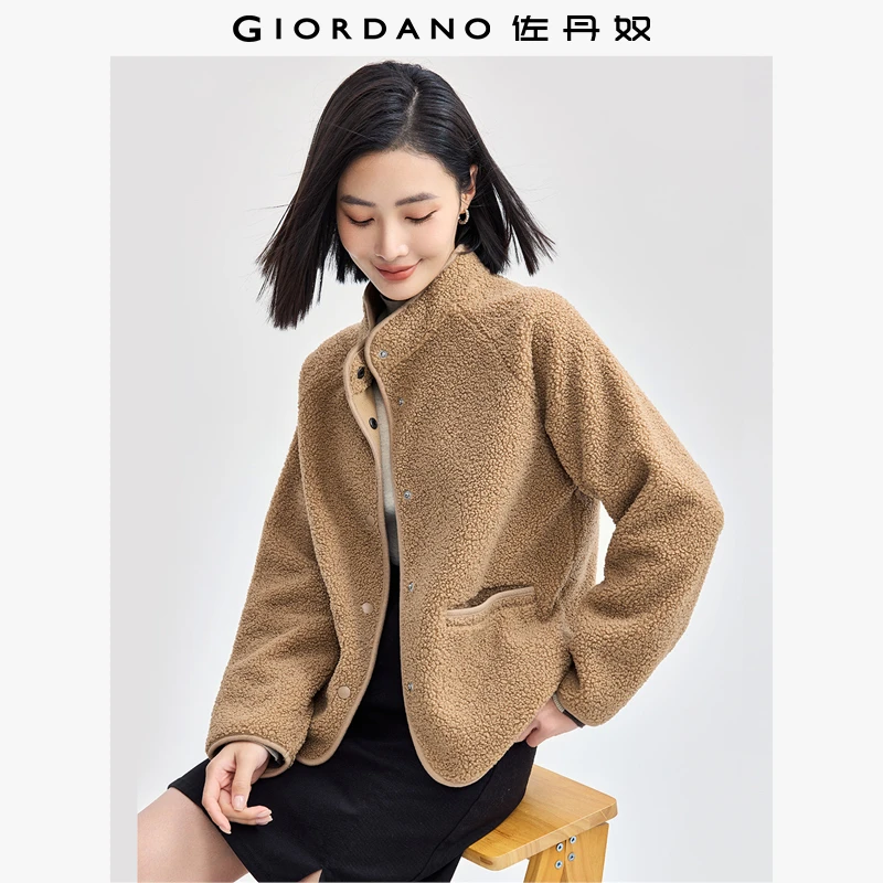 佐丹奴外套女装泰迪绒立领插肩袖针织休闲保暖短款外套 05374859