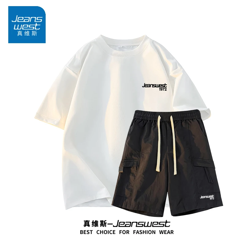 真维斯男生休闲运动套装夏季冰丝工装短裤纯棉短袖两件套情侣衣服