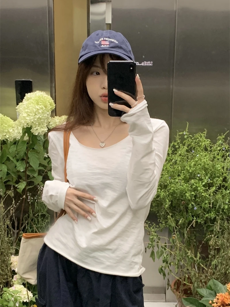 白色U领薄款内搭打底衫女春秋季辣妹别致修身百搭显瘦长袖T恤上衣