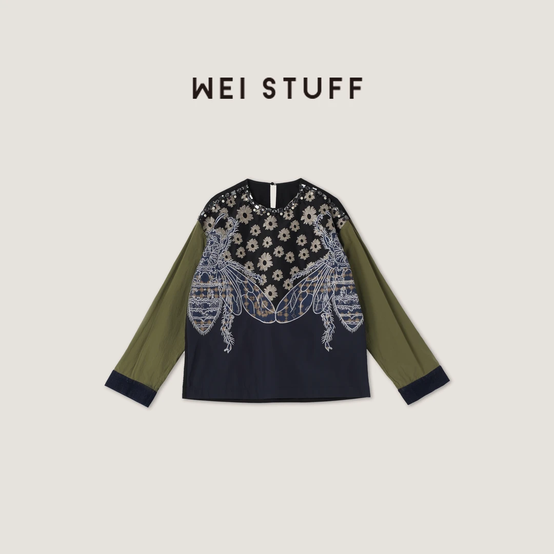 WEI STUFF 春季新款国风提花宽松时尚复古刺绣圆领上衣衬衫 8702.