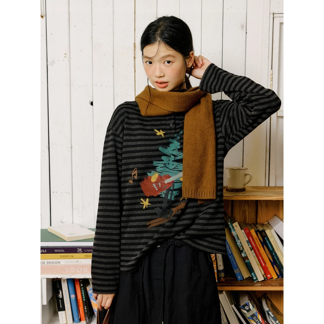 章鱼家【趣味圣诞印花】秋冬季半高领圣诞树印花休闲T恤octopusme